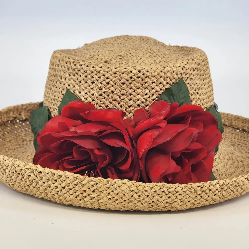Eric Javits Luxury Squishee Sun Hat Beige Packable Woven Rose Brim Hatpin Vtg - Picture 11 of 14